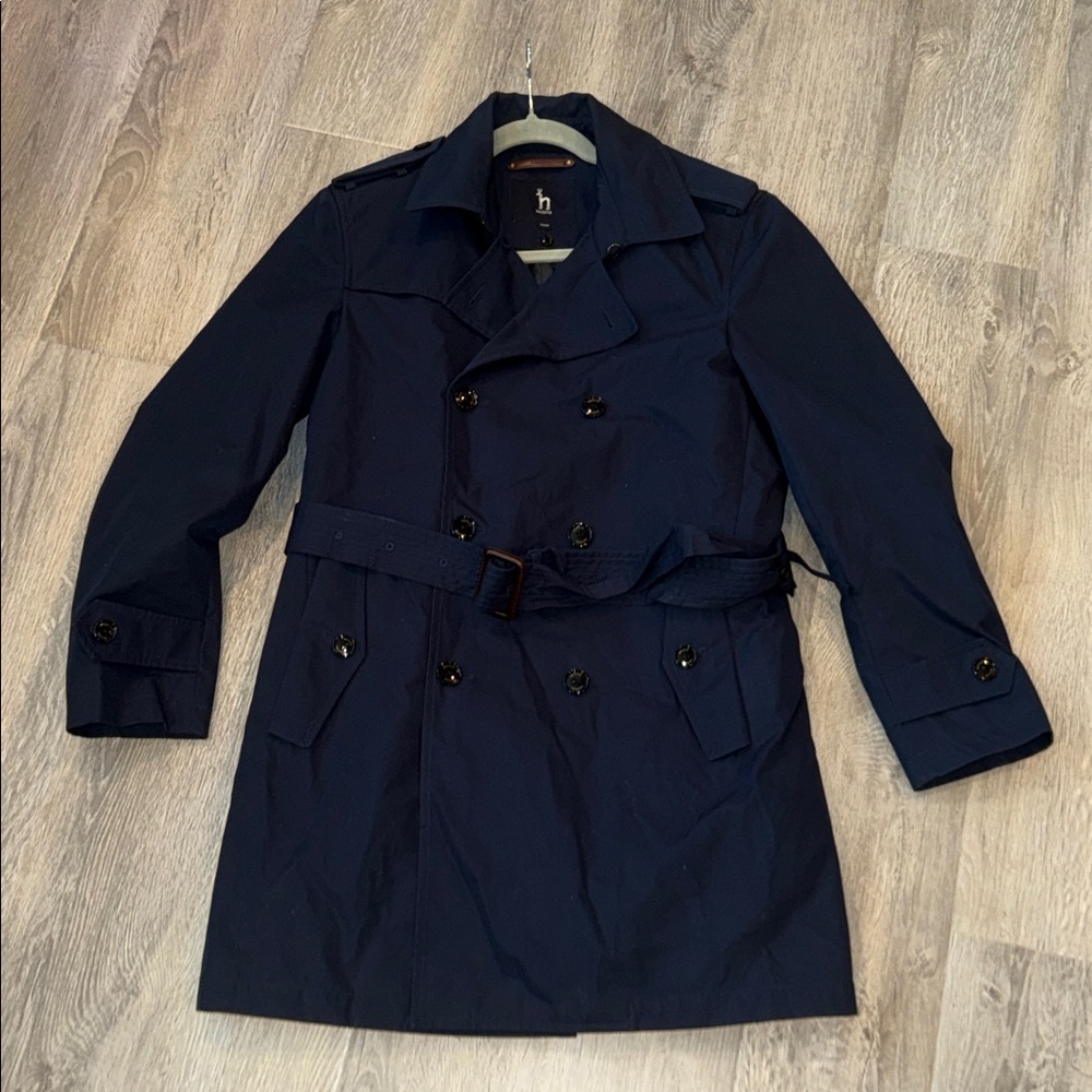 Navy blue short trenchcoat preppy classic nautical timeless high quality est S - Picture 13 of 14